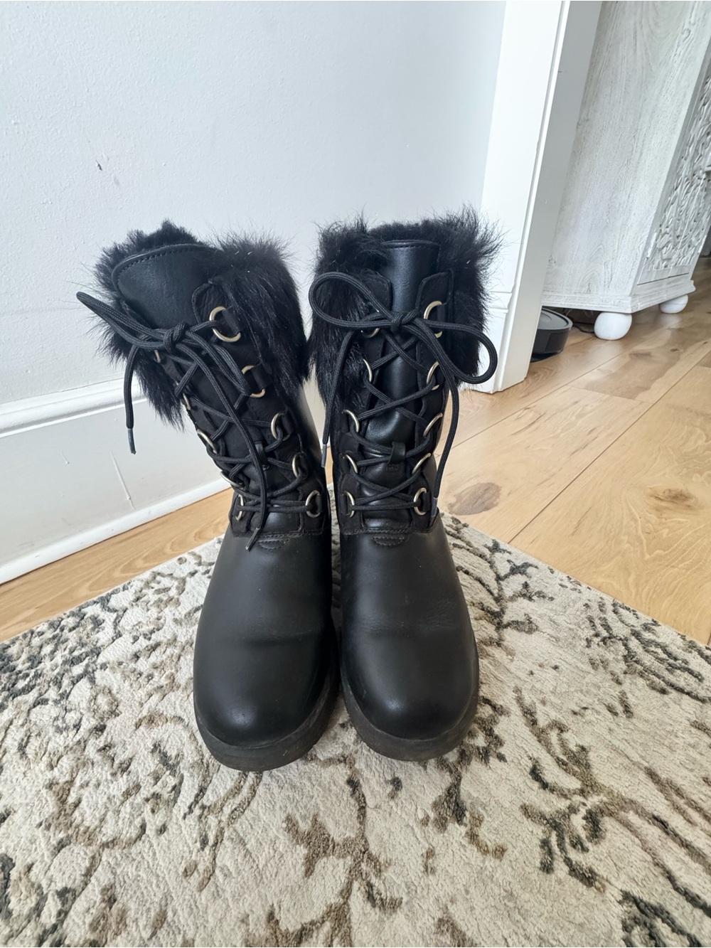 UGG Black Lace-Up Faux Fur Trim Women's Boots